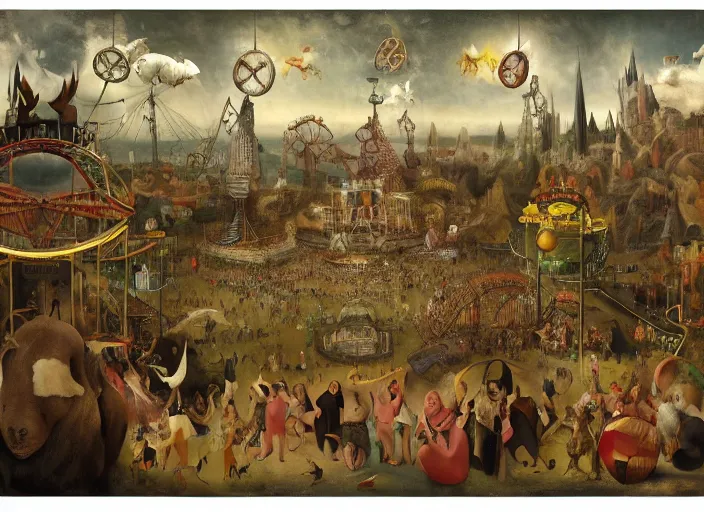 Prompt: highly detailed matte painting, colorful, of a haunted circus with ferris wheel, roller coaster, tents, animals by hieronymus bosch, joel peter witkin, annie liebovitz, gustave dore 8 k