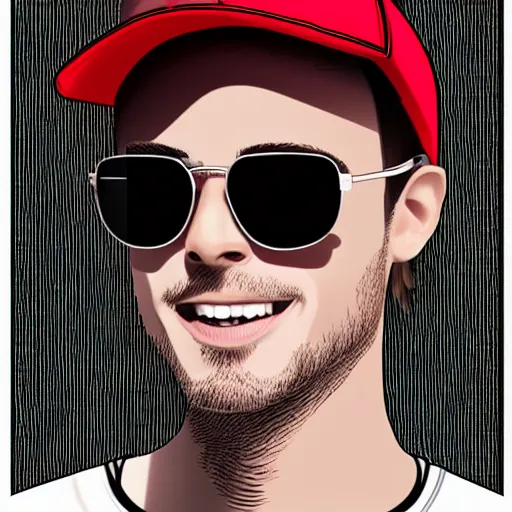 Prompt: the portrait of a young man, sunglasses, red cap, mid long hair, vector art, detailed face, high detail, high definiton, ultra realistic, w 7 6 8,