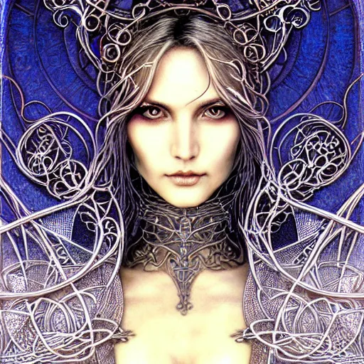 Prompt: a closeup portrait of a beautiful art nouveau cyberpunk scientist in filigree fractal robes by ted nasmith and luis royo