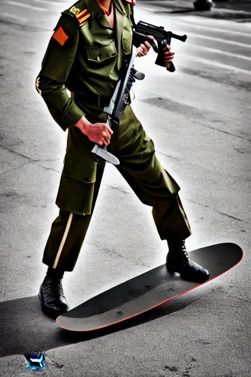 Image similar to vietnam soldier with skateboard, photography, hyperrealistic, vogue magazine photo style, dynamic composition, intricate, comfort posse, smooth, sharp focus, captured by nikon d 8 5 0, 4 k, full body.