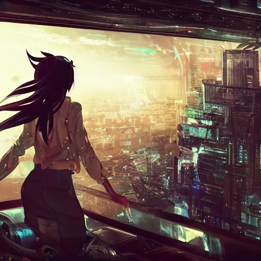 Image similar to android mechanical cyborg anime girl overlooking overcrowded urban dystopia. long flowing hair. gigantic future city. pitch black night. raining. makoto shinkai. wide angle. distant shot. dark and dreary.