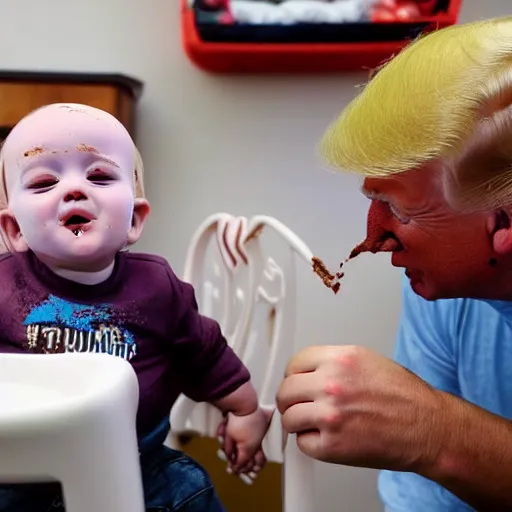 Image similar to a baby with donald trump's head sits in a highchair with chocolate pudding all over his face, gettyimages,