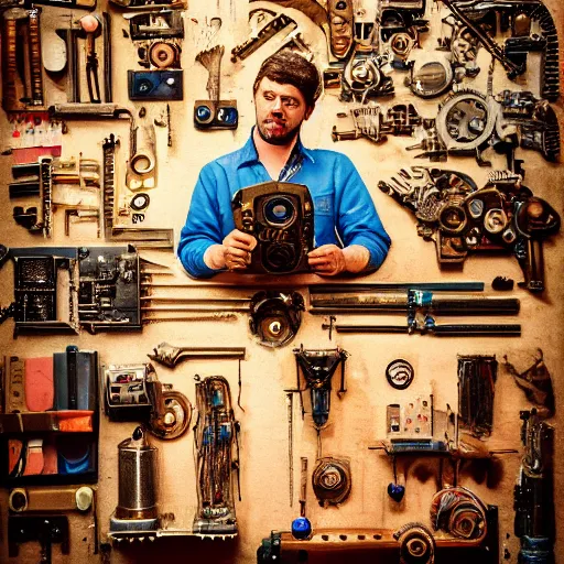 Image similar to a aesthetic portrait of a tinkerer working on ancient machines to do magic