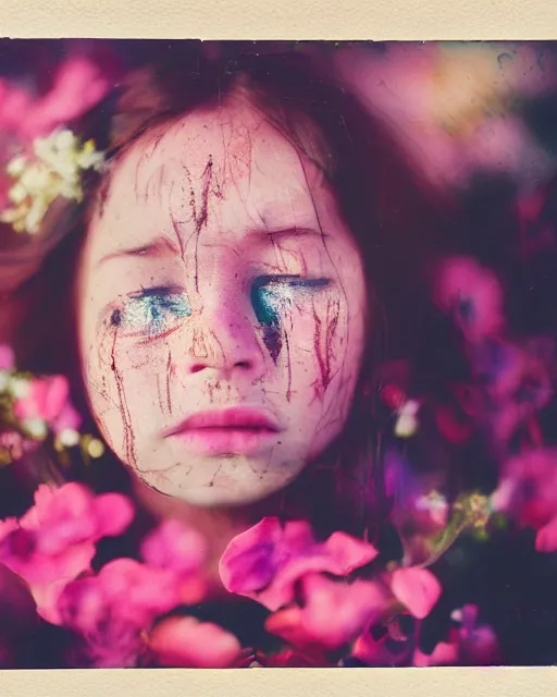 Image similar to oversaturated, burned, light leak, expired film, photo of a girl's crying face surrounded by crowded flowers