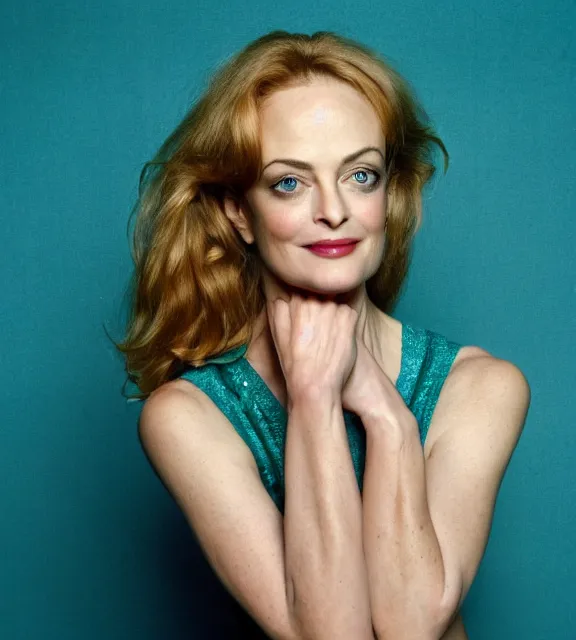 Image similar to beautiful portrait photo of Heather Graham, slight smile, photo by Annie Leibovitz, 85mm, teal studio backdrop, Getty images