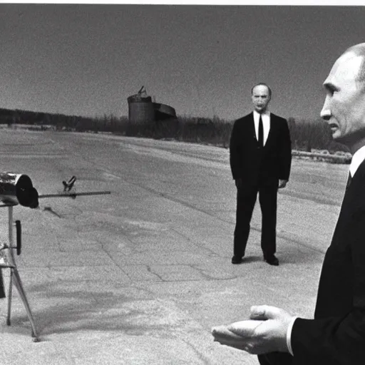 Image similar to Vladimir putin looking at an atomic bomb. polaroid. bleak.