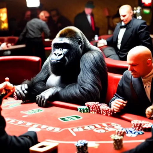 Image similar to a gorilla mobster playing poker at a casino table with other gorilla mobsters
