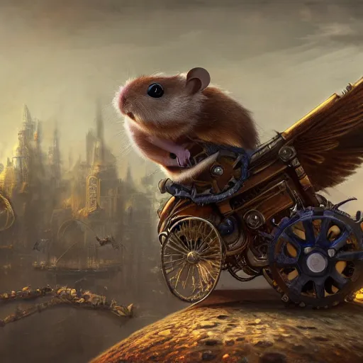 Prompt: oil painting of steampunk hamster, riding on giant duck, steampunk city background, sharp focus, fantasy style, octane render, volumetric lighting, 8k high definition, by greg rutkowski, highly detailed, trending on art Station, explosions, magic the gathering artwork, centered