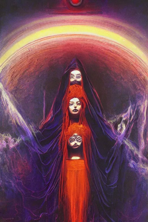 Image similar to gorgeous robed cult girl performing realism third eye ritual, dark theme night time, expanding electric energy waves into the ethereal realm, epic surrealism 8k oil painting, portrait, perspective, high definition, post modernist layering, by Ernst Fuchs, Gerald Brom