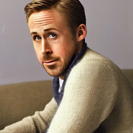 Image similar to ryan gosling but he is knitted from yarn sits on a chair, lethal preservation, proportions, quality, realism, focus in the foreground,