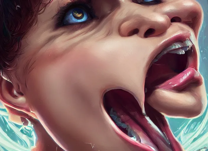 Image similar to wide open queen mouth, close - up, cry, defiant, full lips, anatomy color, light effect, hyper detailed, intricate, elegant, highly detailed, digital painting, artstation, concept art, matte, sharp focus, illustration, by dan mumford, yusuke murata, makoto shinkai, ross tran