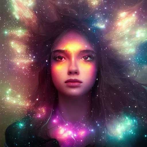 Image similar to beautiful girl galaxy background, portrait character concept style trending on artstation concept art detailed octane render cinematic photo - realistic 8 k high detailed