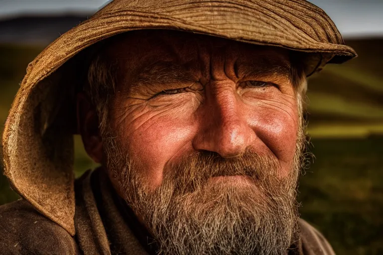 Image similar to a headshot portrait of a farmer, stood outside a wooden cabin, ultra realistic, dramatic lighting