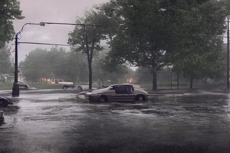 Image similar to a detailed photographic render of an american suburb by gregory crewdson, photoreal, 4 k, rain