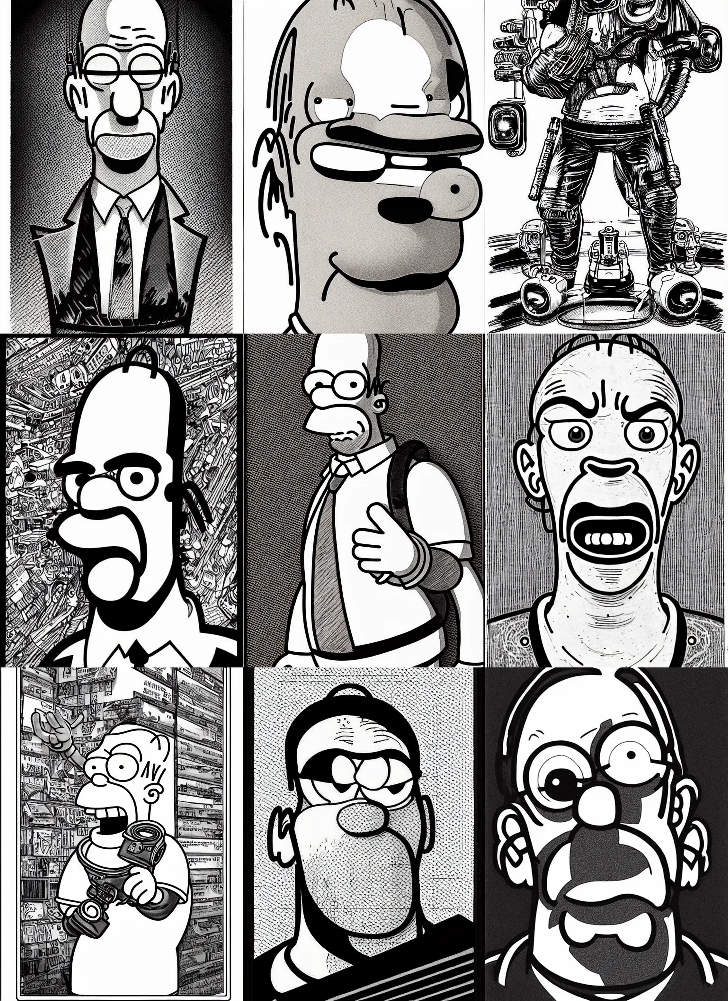 Prompt: homer simpson, realistic, portrait, cyberpunk 2 0 2 0 manual, by steampoweredmikej, by tim bradstreet, inktober, ink drawing, black and white, coloring pages, manga, highly detailed