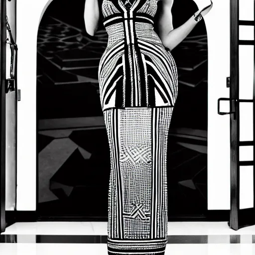 Image similar to close up of a female fashion model in art-deco entrance hall, model wearing a geometric black dress, photography , official versace editorial , highly detailed