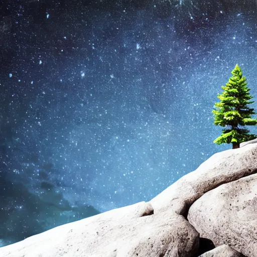 Image similar to a photograph of a pine tree on top of a rocky mountain, star shining in space, highly detailed, sharp focus, cinematic, hyperrealism, photorealistic