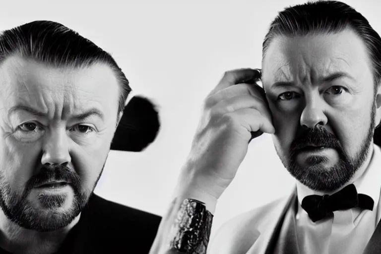 Image similar to an 8 5 mm portrait of ricky gervais as a 1 7 0 0's gangster by gustave baumann, lomography lady grey, ultra realistic, beautiful lighting, dramatic, noise, aron demetz, film