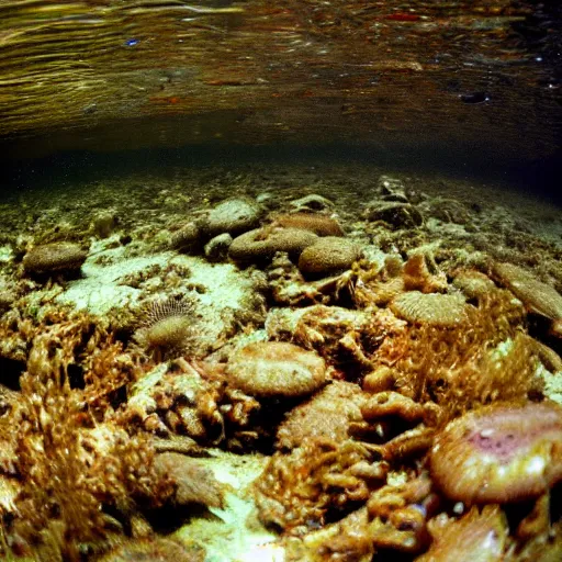 Prompt: an underwater photo a bag of young's scampi filled with mud