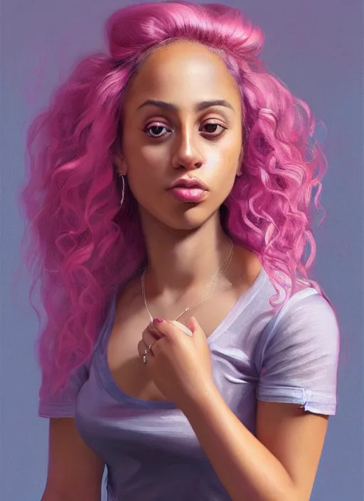 Image similar to full body portrait, teenage vanessa morgan, pink hair, obese, black girl, curly pixie hair, sultry, realistic, short hair, hoop earrings, skirt, shirt, fat, belly, intricate, elegant, highly detailed, digital painting, artstation, concept art, smooth, sharp focus, illustration, art by wlop, mars ravelo and greg rutkowski