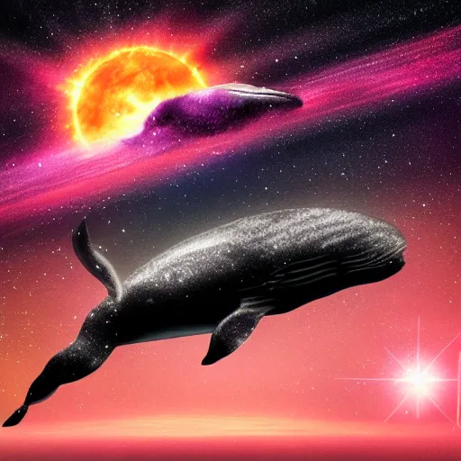 Image similar to portrait of space whale swimming on a dark night sky in space, flying across the universe, galaxies, oniric, dreamy, beautiful, highly detailed, realistic, cinematic, dynamic composition