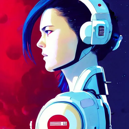 Image similar to side portrait scifi cyborg girl with robotic parts and spacesuit | | head only in center of image, audrey plaza, fine detail!! anime!! realistic shaded lighting!! poster by ilya kuvshinov katsuhiro otomo ghost - in - the - shell, magali villeneuve, artgerm, jeremy lipkin and michael garmash and rob rey