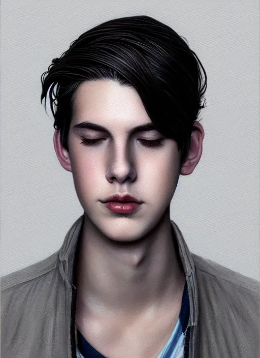 Image similar to portrait of teenage jughead jones wearing a light grey crown, photorealistic, crown, eyes closed, crown, black hair, intricate, elegant, glowing lights, highly detailed, digital painting, artstation, concept art, smooth, sharp focus, illustration, art by wlop, mars ravelo and greg rutkowski