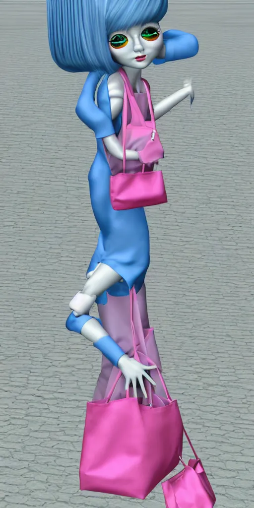 Image similar to 3d glitched malice blue doll carrying a pink fashion bag in a street city psx rendered early 90s net art n64