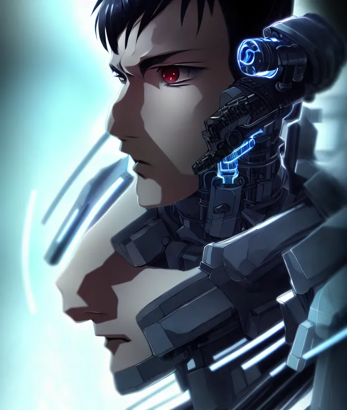 Image similar to a detailed manga illustration character full body portrait of a dark haired cyborg anime man, half of his face is cybernetic, trending on artstation, digital art, 4 k resolution, detailed, high quality, sharp focus, hq artwork, insane detail, concept art, character concept, character illustration, full body illustration, cinematic, dramatic lighting