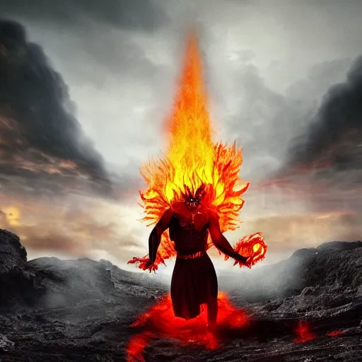 Image similar to Full body photo of asmodeus, he has eyes of fire, he is looking straight to the camera, he has a glow coming from him, she is getting illuminated by lava, behind is an ancient hellscape, the photo was taking by Annie Leibovitz, matte painting, oil painting, naturalism, 4k, 8k