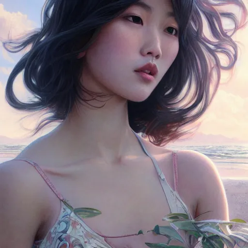 Prompt: ultra realistic illustration, wide angle shot, asian female model on a beach, intricate, elegant, highly detailed, digital painting, artstation, concept art, smooth, sharp focus, illustration, art by artgerm and greg rutkowski and alphonse mucha