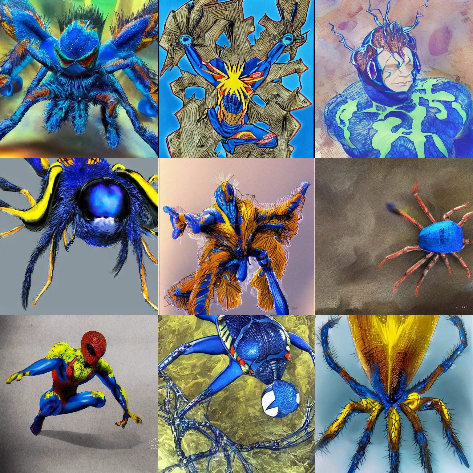 Prompt: electric blue Spider-Man inspired by a peacock tarantula, official concept art, blue and yellow spiderman, blue accents