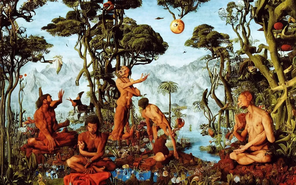 Prompt: a portrait photograph of a meditating werewolf and a centaur prince feeding tropical animals at a wide river delta. surrounded by bulbous flowers, animals and trees. mountain range under a vast blue sky of burning stars. painted by jan van eyck, max ernst, ernst haeckel and artgerm, cgsociety, artstation, fashion editorial