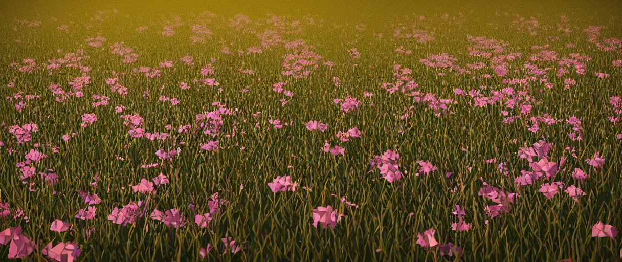 Image similar to 3 d render, low poly art, minimalist, flowers, field of dreams, unreal engine, dreamy, bokeh, bounce light, radiant lighting