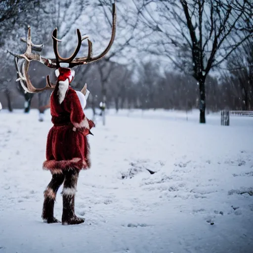 Image similar to reindeer human cosplay in snow 85mm photography