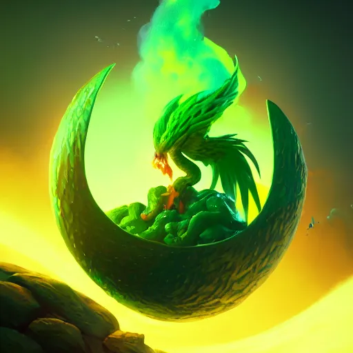 Prompt: little poisonous green phoenix climbs out of a broken big egg, peter mohrbacher style, ray tracing, cinematic, digital art, realistic, octane render