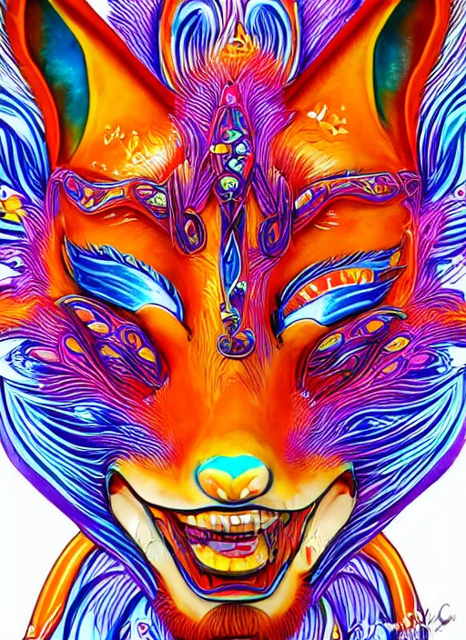 Image similar to detailed illustration of a kitsune mask, sacred feeling, bright colors, extremely detailed, digital art, studio lighting, psychedelic atmosphere