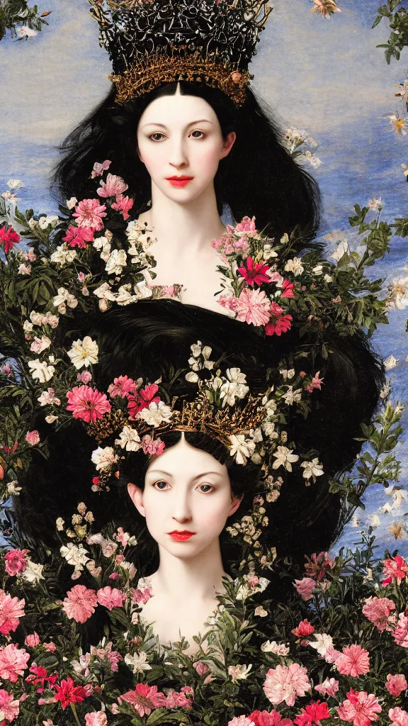 Image similar to a closeup portrait of a beautiful black haired woman with pale skin and a crown on her head sitted on an intricate metal throne, in an infinite landscape of flowers, photograph by caravaggio, canon eos c 3 0 0, ƒ 1. 8, 3 5 mm, 8 k, medium - format print