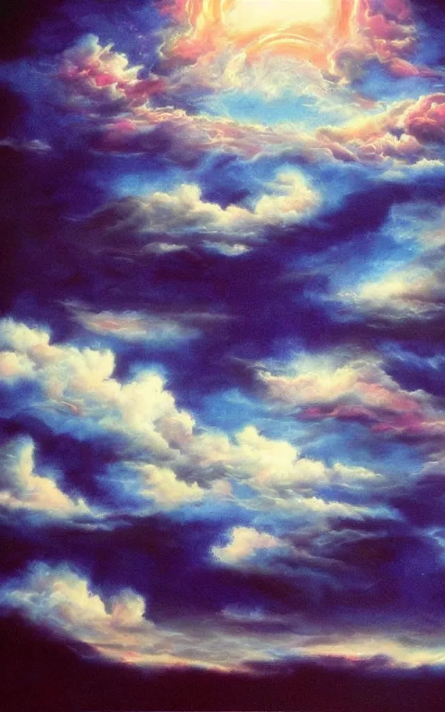 Image similar to 80s airbrushed sky with dramatic clouds black background, airbrush fantasy, masterpiece