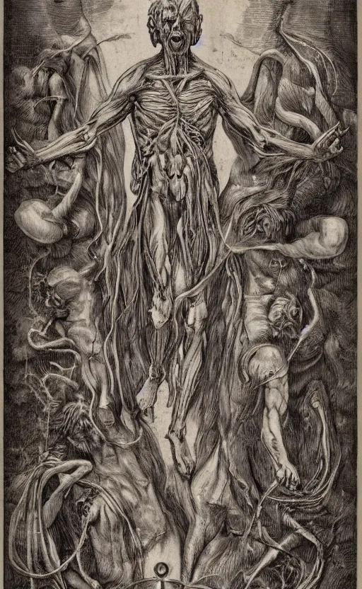 Image similar to hyper detailed antique occult instructions, eldritch, anatomy, pagan god