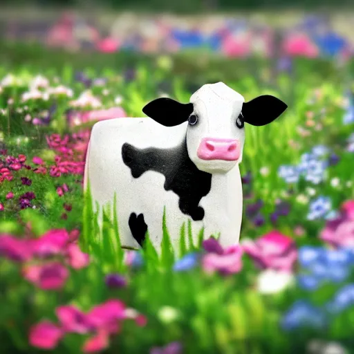 Image similar to a little cow in a field surrounded by flowers, tilt shift photo