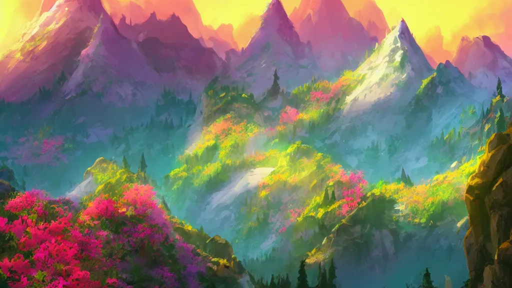 Image similar to a flowery unreal mountain scenery, sunset, cartoon, cute, artstation, digital art.