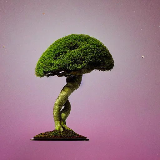 Image similar to A picture of a planet of various flowers, fungus and plants, Bonsai , in which the human figure is dressed in something magical and impressive, inside the picture is infinity, muted light, BotanicalAtmospheric phenomenon, artistic photography, muted colors, conceptual, Kodachrome