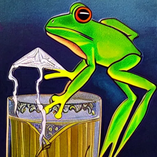 Prompt: art deco frog drinking absinthe on a spaceship