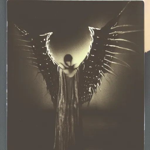 Image similar to a dark artistic photo of an alien creature with crazy wings, a polaroid photo