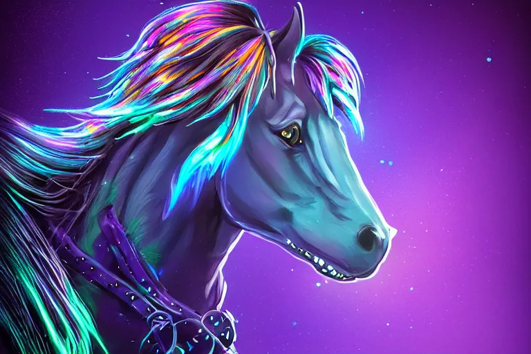 Image similar to a stunning horse with bioluminescent mane and tail by sandra chevrier and greg rutkowski, neon hooves, purple blue color scheme, vaporware, retro, outrun, high key lighting, volumetric light, digital art, highly detailed, fine detail, intricate, ornate, complex, octane render, unreal engine, photorealistic