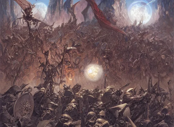 Prompt: beautiful as the moon, terrible as an army with banners. art by tyler edlin and donato giancola