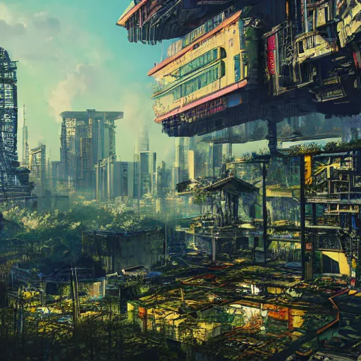 Image similar to Maximalism illustration of cyberpunk ruins Tokyoin sky reclaimed by nature, by Otomo Katsuhiroand Annibale Siconolfi, cgsociety, 8K, unrealengine.