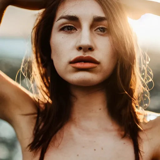 Image similar to a woman posing, brown hair, italian, wearing a bikini, backlit, photo by Marat Safin, Canon EOS R3, f/1.4, ISO 200, 1/160s, 8K, RAW, unedited, symmetrical balance, in-frame