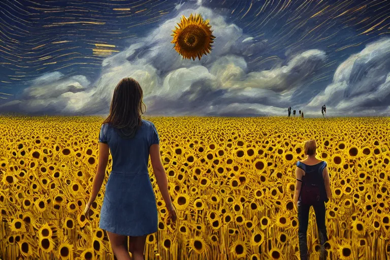 Image similar to giant sunflower as a head, girl walking in wheat field, hills, surreal photography, dark night, star trails, dramatic light, impressionist painting, clouds, digital painting, artstation, simon stalenhag